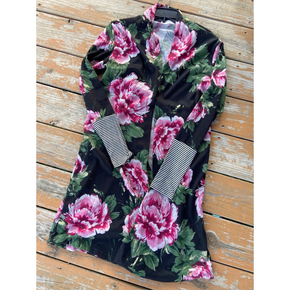 A.gain Floral Striped Cuff Open Front Cardigan Black Pink S Pockets Made in USA